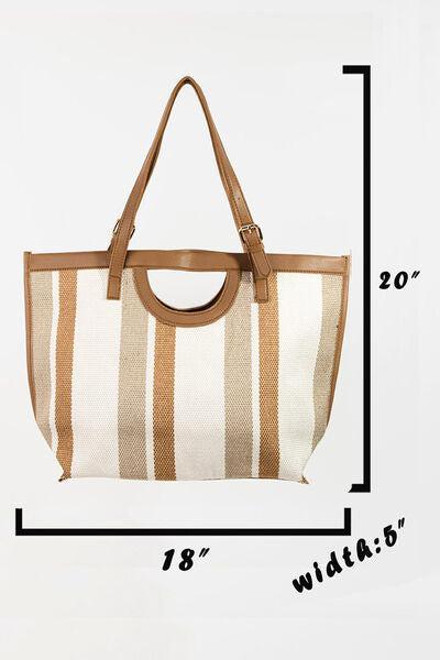 a white and brown striped bag with measurements