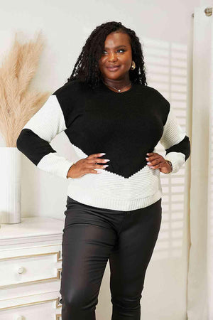 Contrasting Black And White Plus Size Rib Knit Sweater - MXSTUDIO.COM