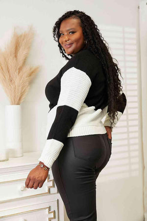 Contrasting Black And White Plus Size Rib Knit Sweater - MXSTUDIO.COM