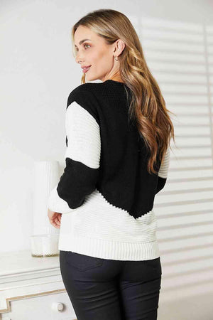 Contrasting Black And White Plus Size Rib Knit Sweater - MXSTUDIO.COM