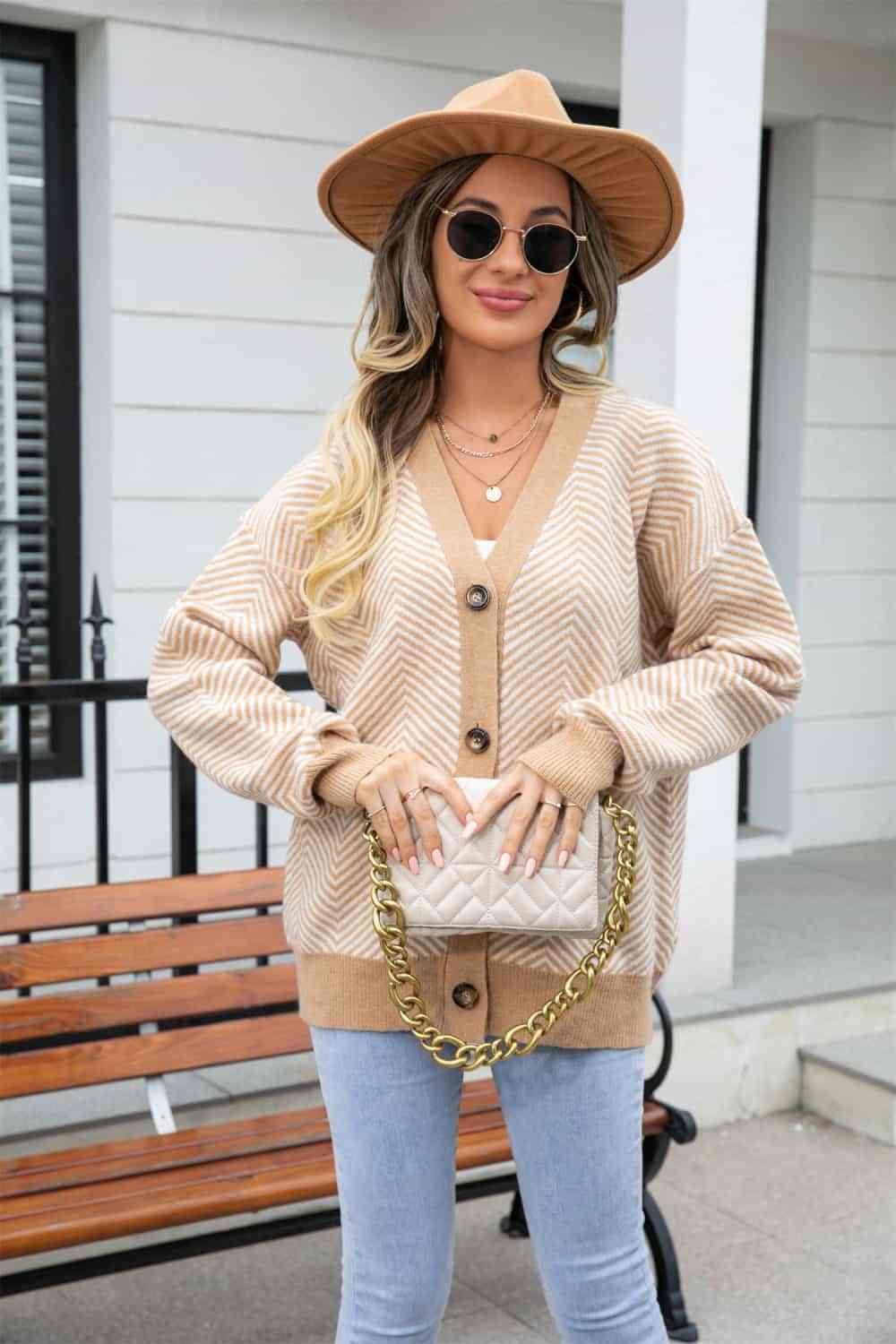 Cool Air Ensemble Chevron Button Up Cardigan - MXSTUDIO.COM