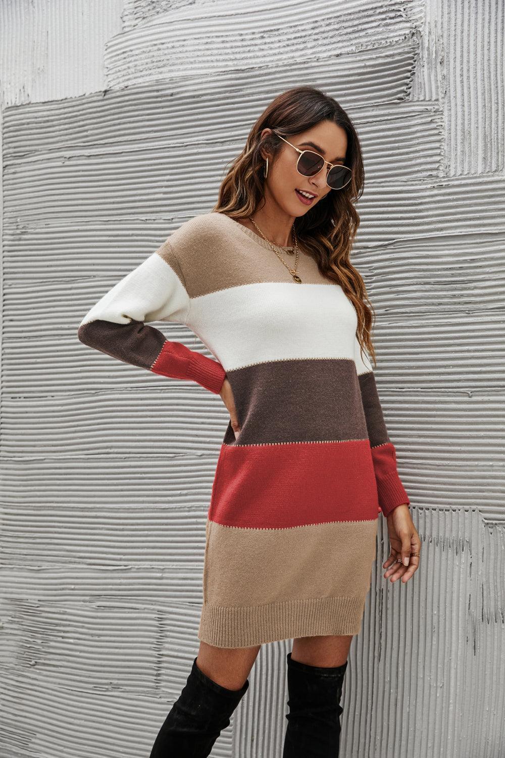 Cool And Cozy Striped Sweater Dress - MXSTUDIO.COM