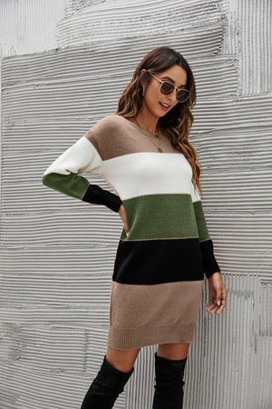 Cool And Cozy Striped Sweater Dress - MXSTUDIO.COM