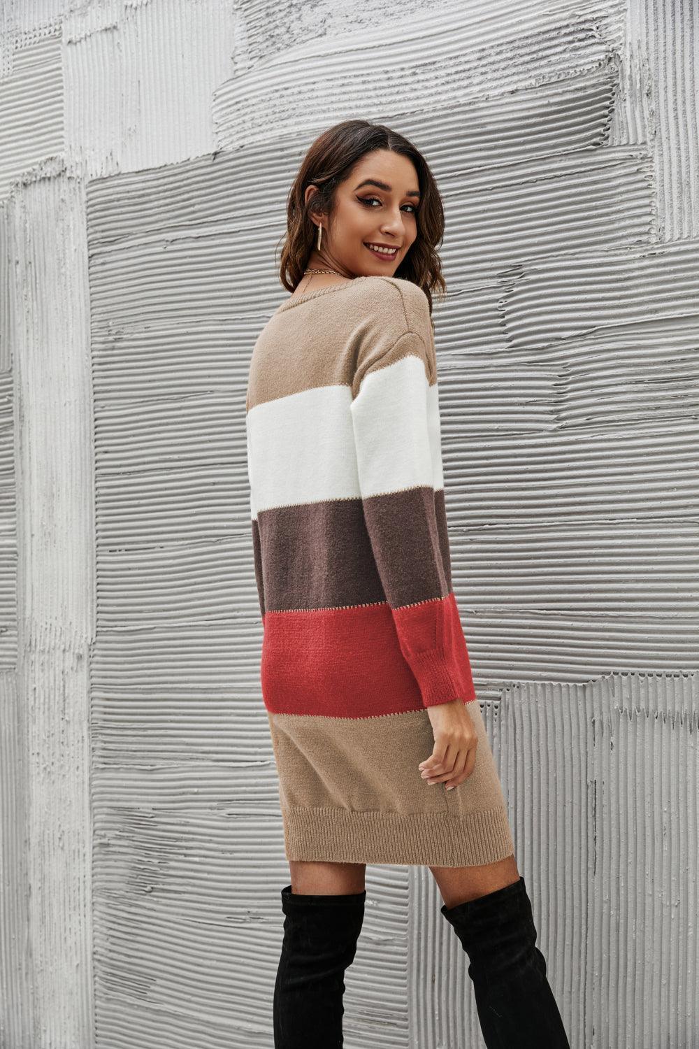 Cool And Cozy Striped Sweater Dress - MXSTUDIO.COM