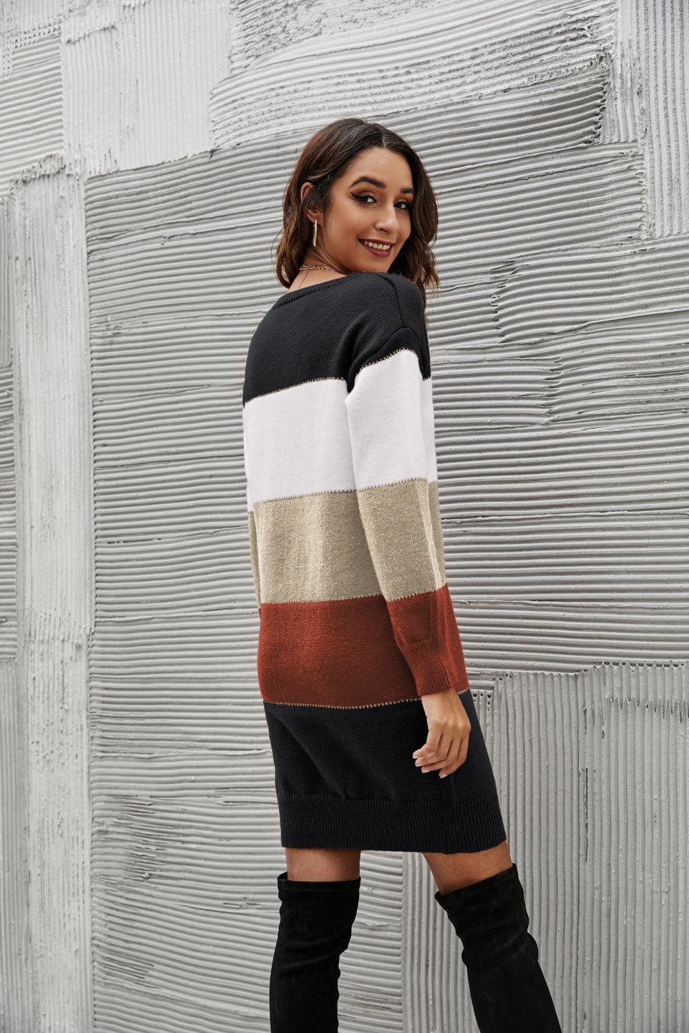 Cool And Cozy Striped Sweater Dress - MXSTUDIO.COM
