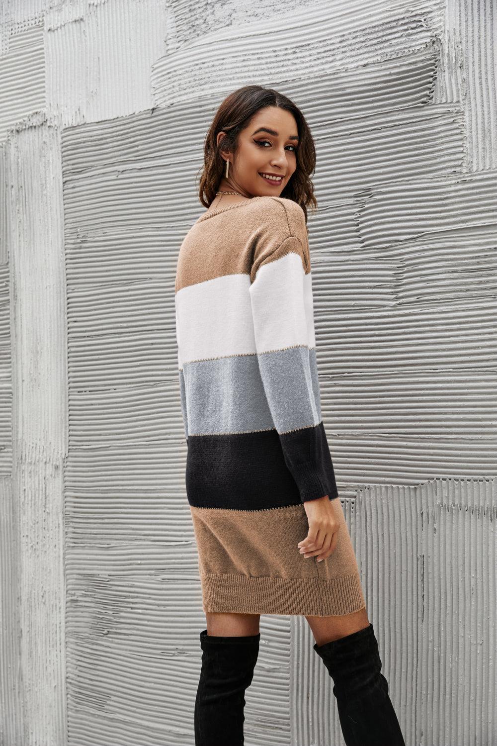 Cool And Cozy Striped Sweater Dress - MXSTUDIO.COM