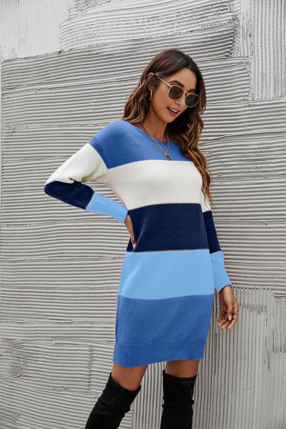 Cool And Cozy Striped Sweater Dress - MXSTUDIO.COM