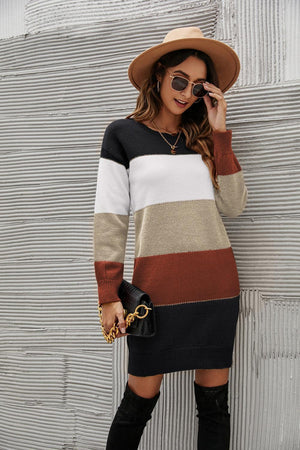 Cool And Cozy Striped Sweater Dress - MXSTUDIO.COM