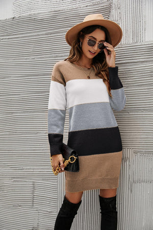 Cool And Cozy Striped Sweater Dress - MXSTUDIO.COM