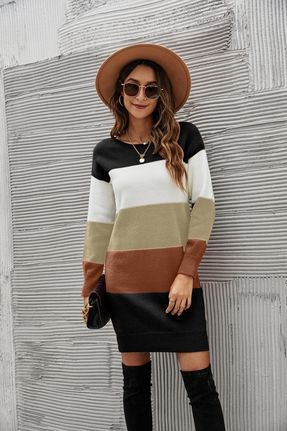 Cool And Cozy Striped Sweater Dress - MXSTUDIO.COM