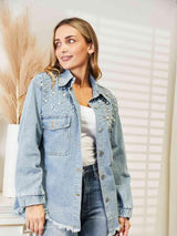 Cool Dropped Shoulder Studded Denim Jacket - MXSTUDIO.COM