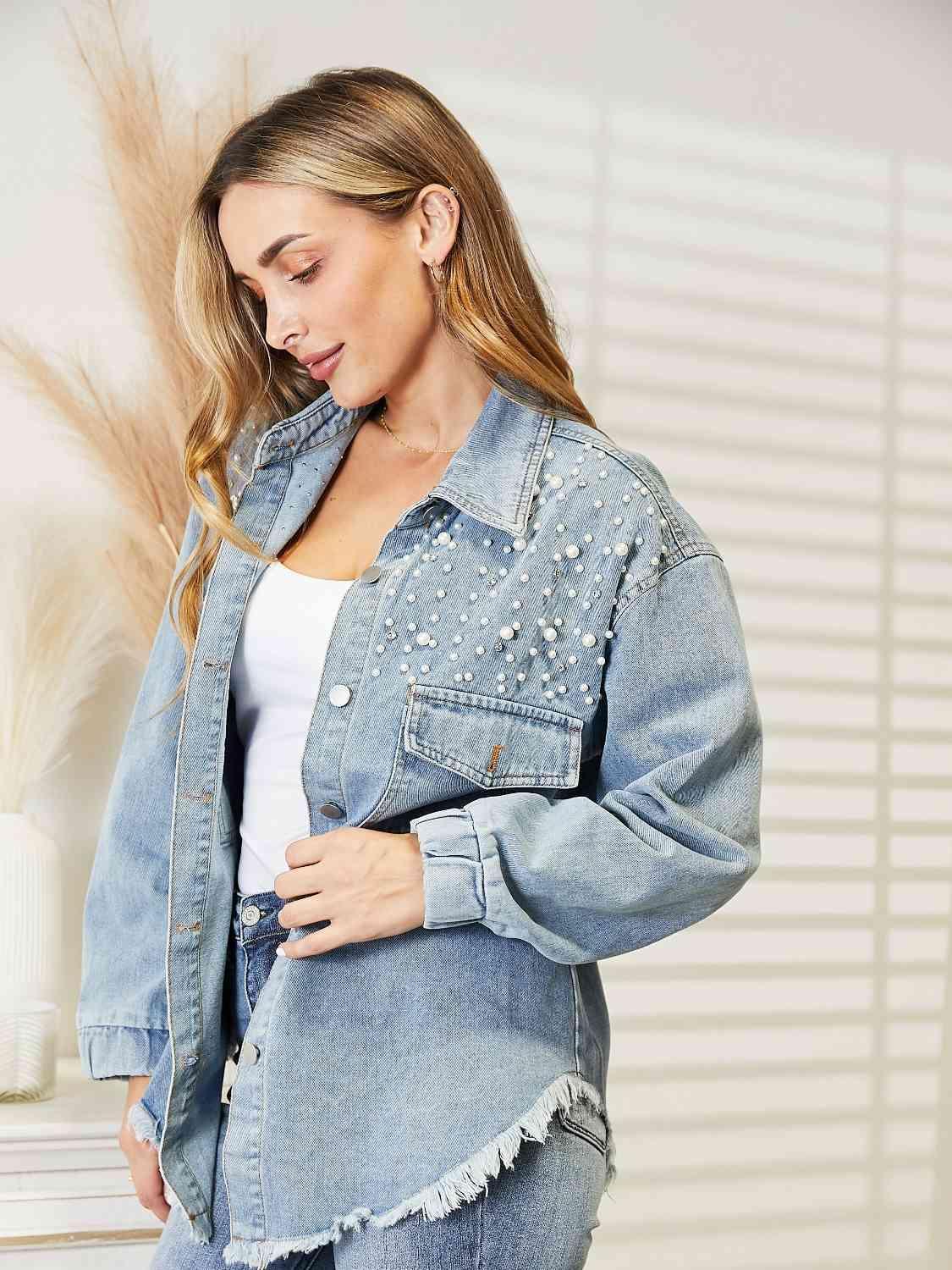 Cool Dropped Shoulder Studded Denim Jacket - MXSTUDIO.COM