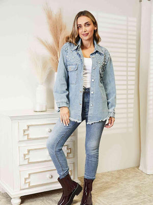 Cool Dropped Shoulder Studded Denim Jacket - MXSTUDIO.COM