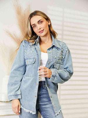 Cool Dropped Shoulder Studded Denim Jacket - MXSTUDIO.COM