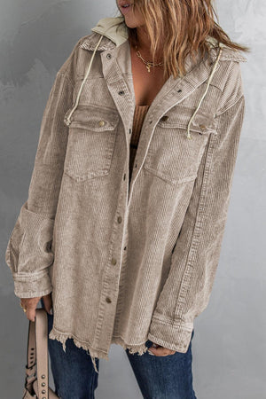 Cool Hooded Shacket with Frayed Hem - MXSTUDIO.COM