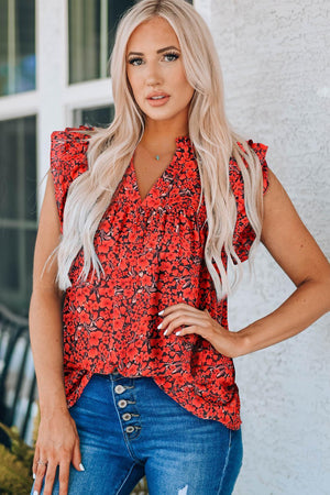 Cool Summer Floral Cap Sleeve Notch Neck Blouse - MXSTUDIO.COM