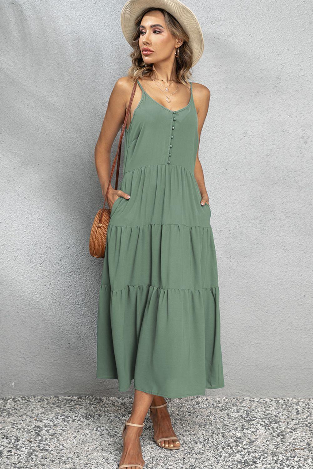 Cool Summer V-Neck Sleeveless Tiered Midi Dress - MXSTUDIO.COM