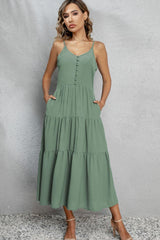 Cool Summer V-Neck Sleeveless Tiered Midi Dress - MXSTUDIO.COM