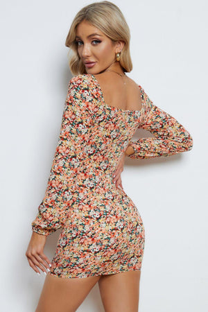 Coquettish Long Sleeve Floral Bodycon Mini Dress - MXSTUDIO.COM