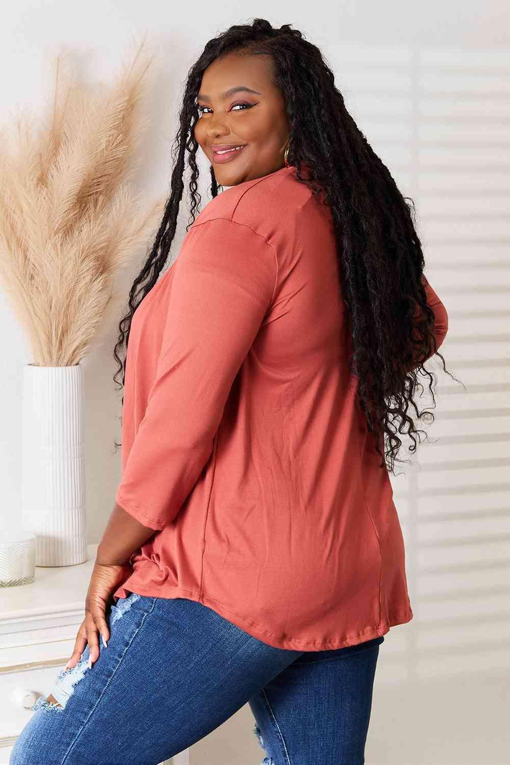 Coral 3/4 Sleeves Plus Size Open Front Cardigan - MXSTUDIO.COM