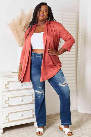 Coral 3/4 Sleeves Plus Size Open Front Cardigan - MXSTUDIO.COM