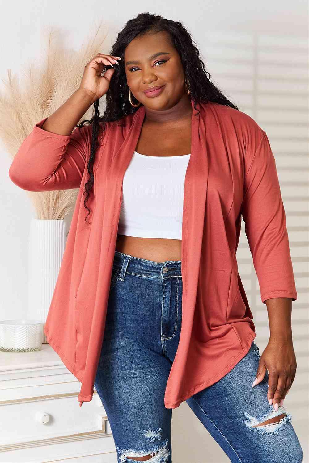 Coral 3/4 Sleeves Plus Size Open Front Cardigan - MXSTUDIO.COM