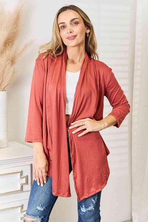 Coral 3/4 Sleeves Plus Size Open Front Cardigan - MXSTUDIO.COM