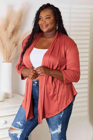 Coral 3/4 Sleeves Plus Size Open Front Cardigan - MXSTUDIO.COM