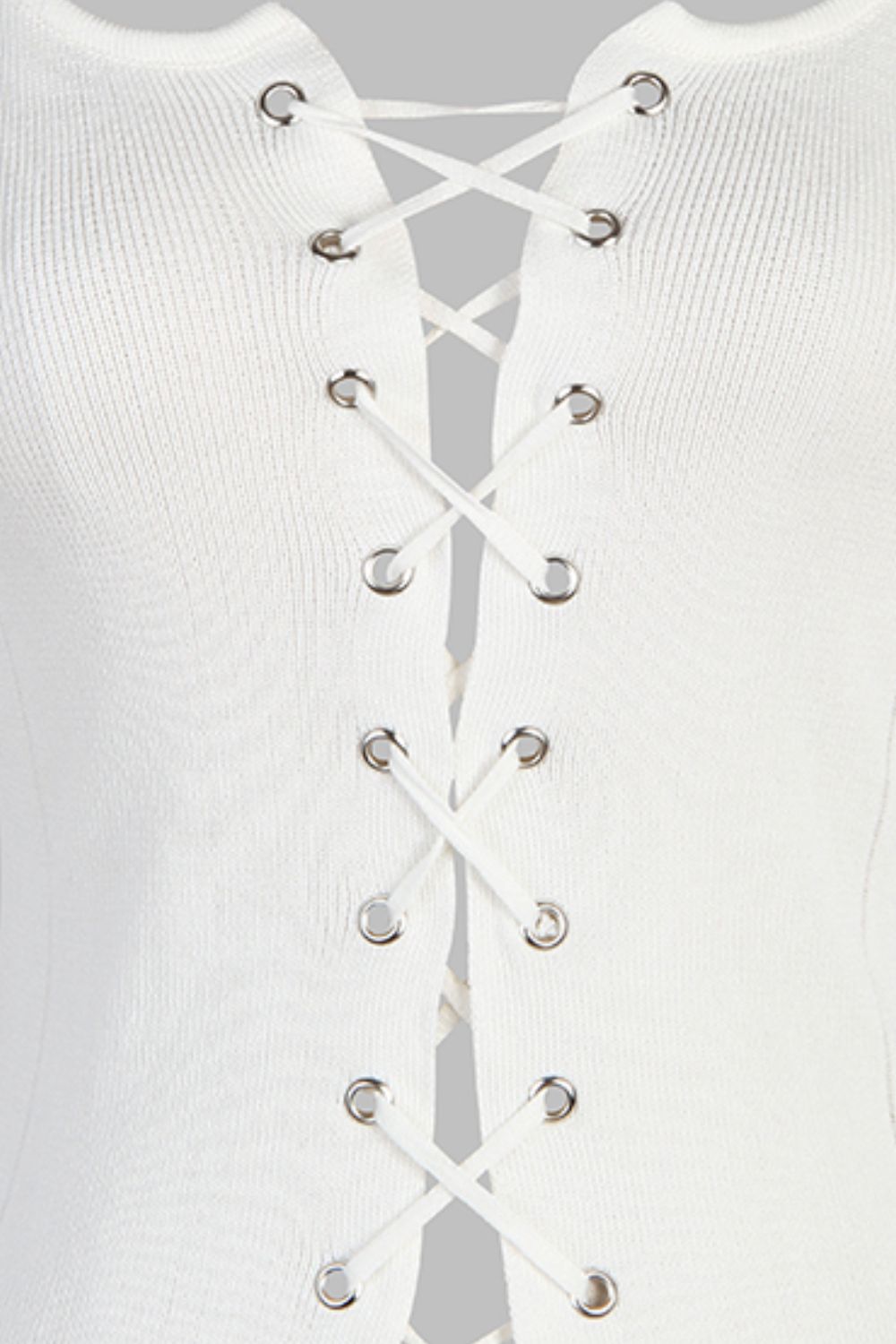 a white top with a lace up front