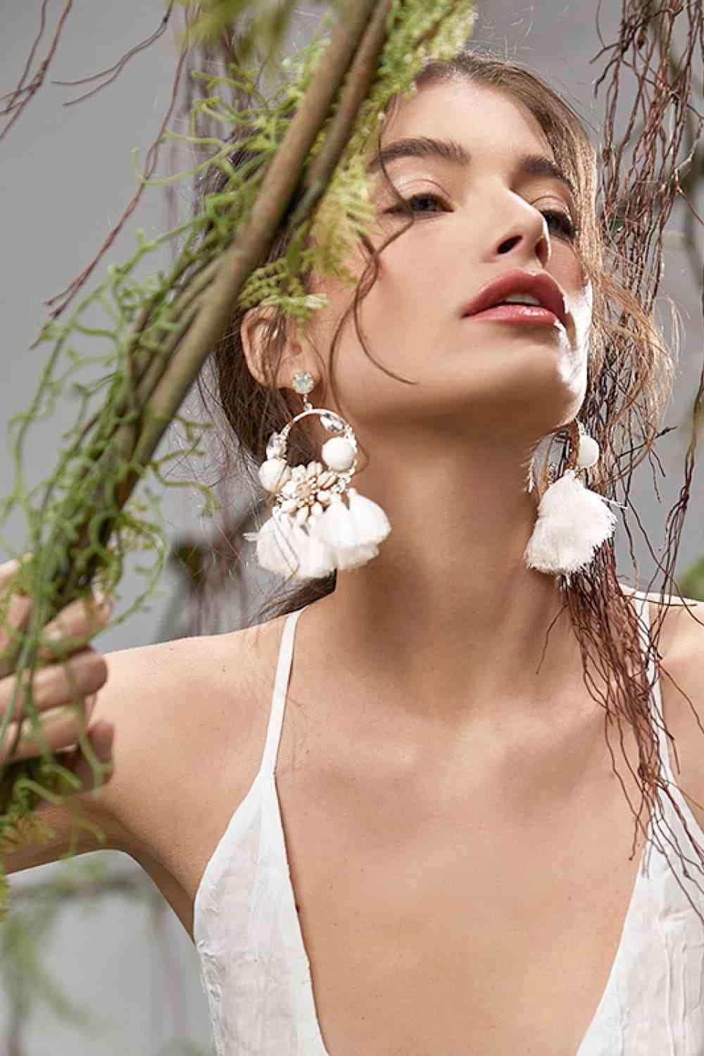 Cotton Cord White Tassel Dangle Earrings-MXSTUDIO.COM