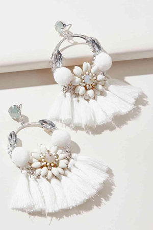 Cotton Cord White Tassel Dangle Earrings-MXSTUDIO.COM