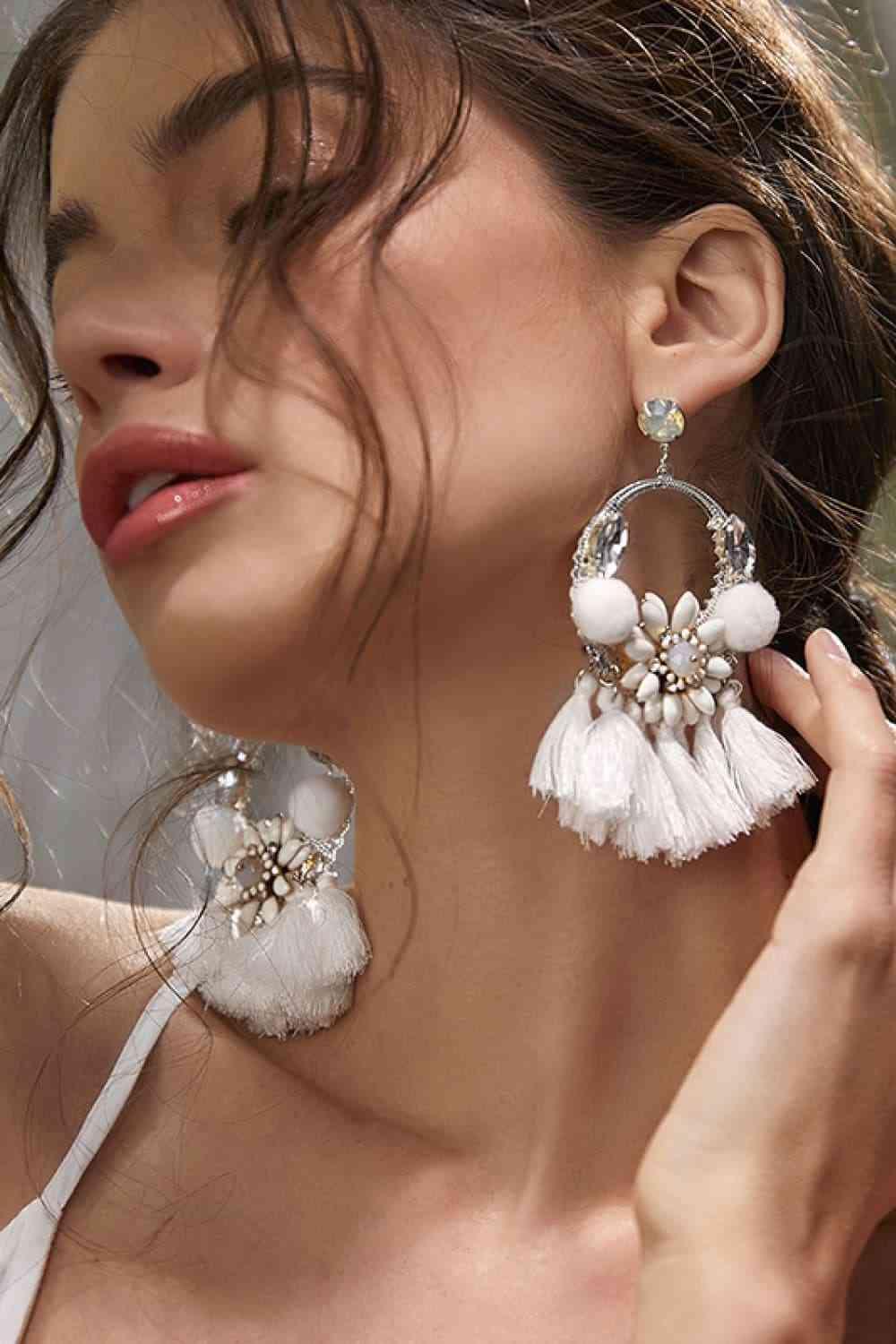 Cotton Cord White Tassel Dangle Earrings-MXSTUDIO.COM