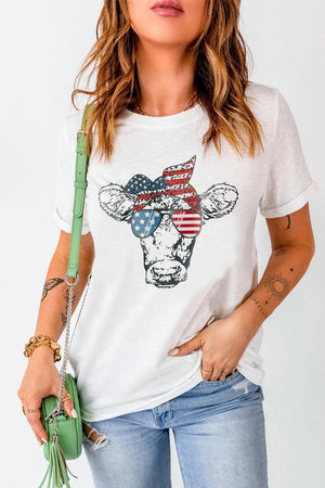 Cow Graphic White US Flag T Shirt - MXSTUDIO.COM