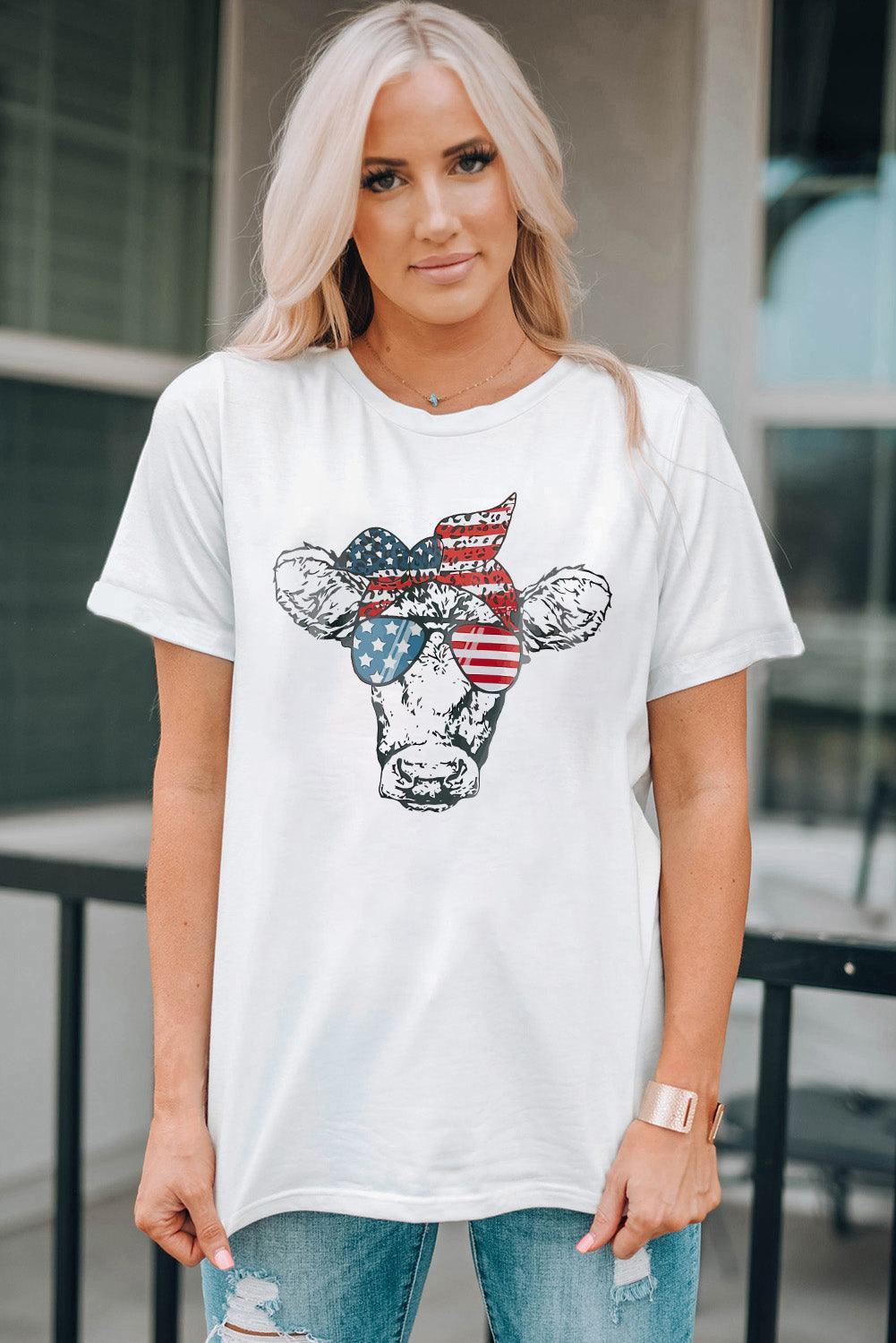 Cow Graphic White US Flag T Shirt - MXSTUDIO.COM
