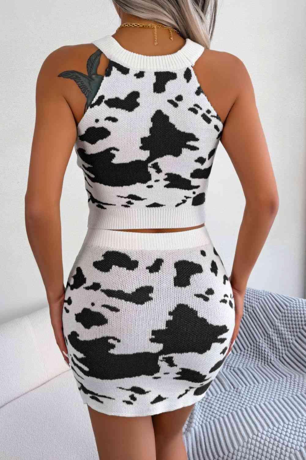 Cow Print Knitted Crop Top And Mini Skirt Set-MXSTUDIO.COM