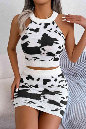 Cow Print Knitted Crop Top And Mini Skirt Set-MXSTUDIO.COM