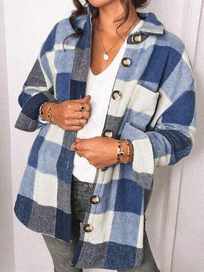 a woman wearing a blue and white checkered coat