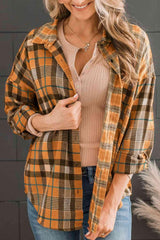 a woman wearing a plaid shirt and jeans