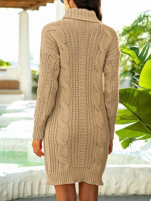 Cozy Aesthetic Cable Knit Turtleneck Sweater Dress-MXSTUDIO.COM