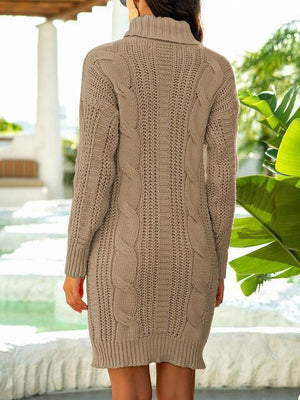 Cozy Aesthetic Cable Knit Turtleneck Sweater Dress-MXSTUDIO.COM