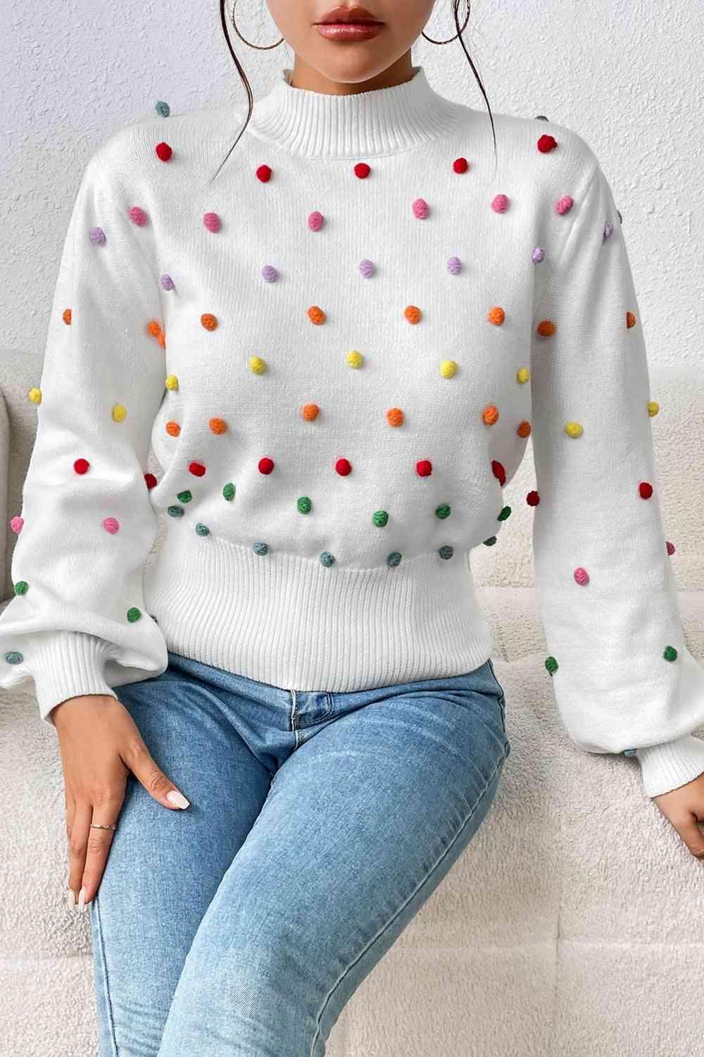 Cozy Aesthetic Mock Neck Pom-Pom Sweater-MXSTUDIO.COM