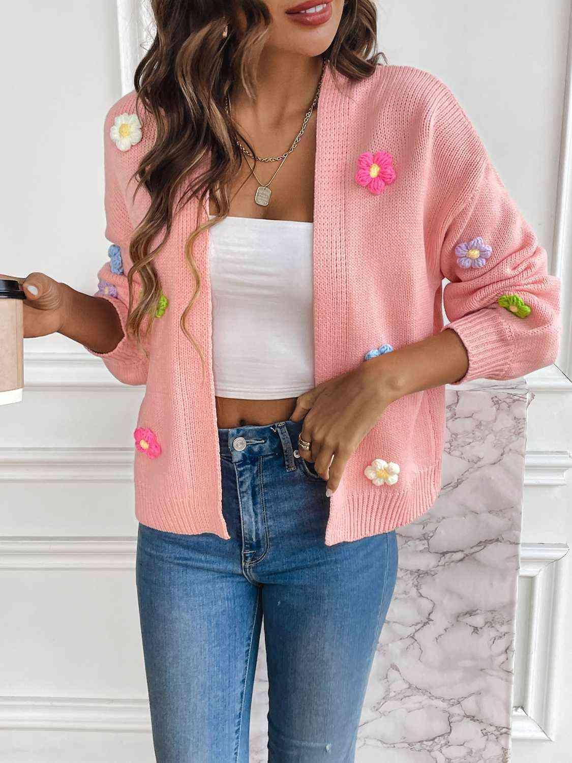 Cozy Aesthetic Open Front Floral Knit Cardigan-MXSTUDIO.COM