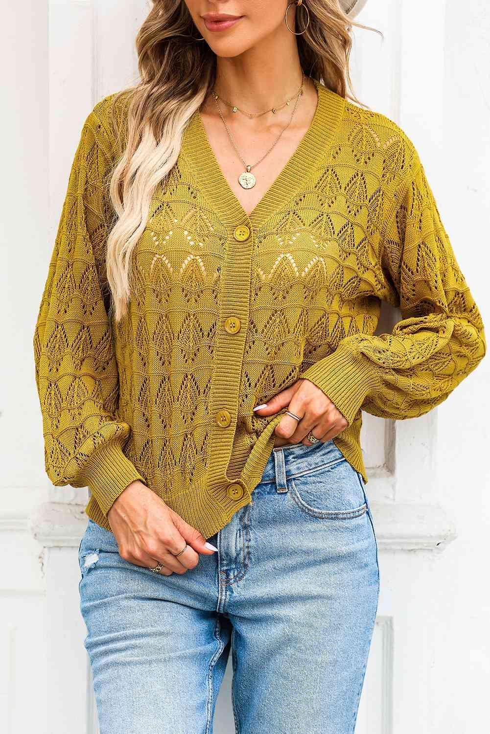 Cozy Any Season Buttoned V-Neck Open Knit Cardigan-MXSTUDIO.COM