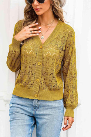 Cozy Any Season Buttoned V-Neck Open Knit Cardigan-MXSTUDIO.COM