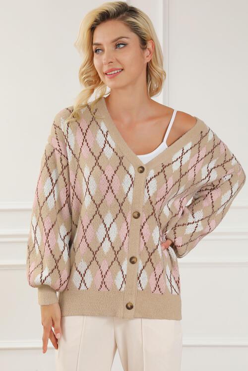 Cozy Appeal Button Up Argyle Cardigan-MXSTUDIO.COM