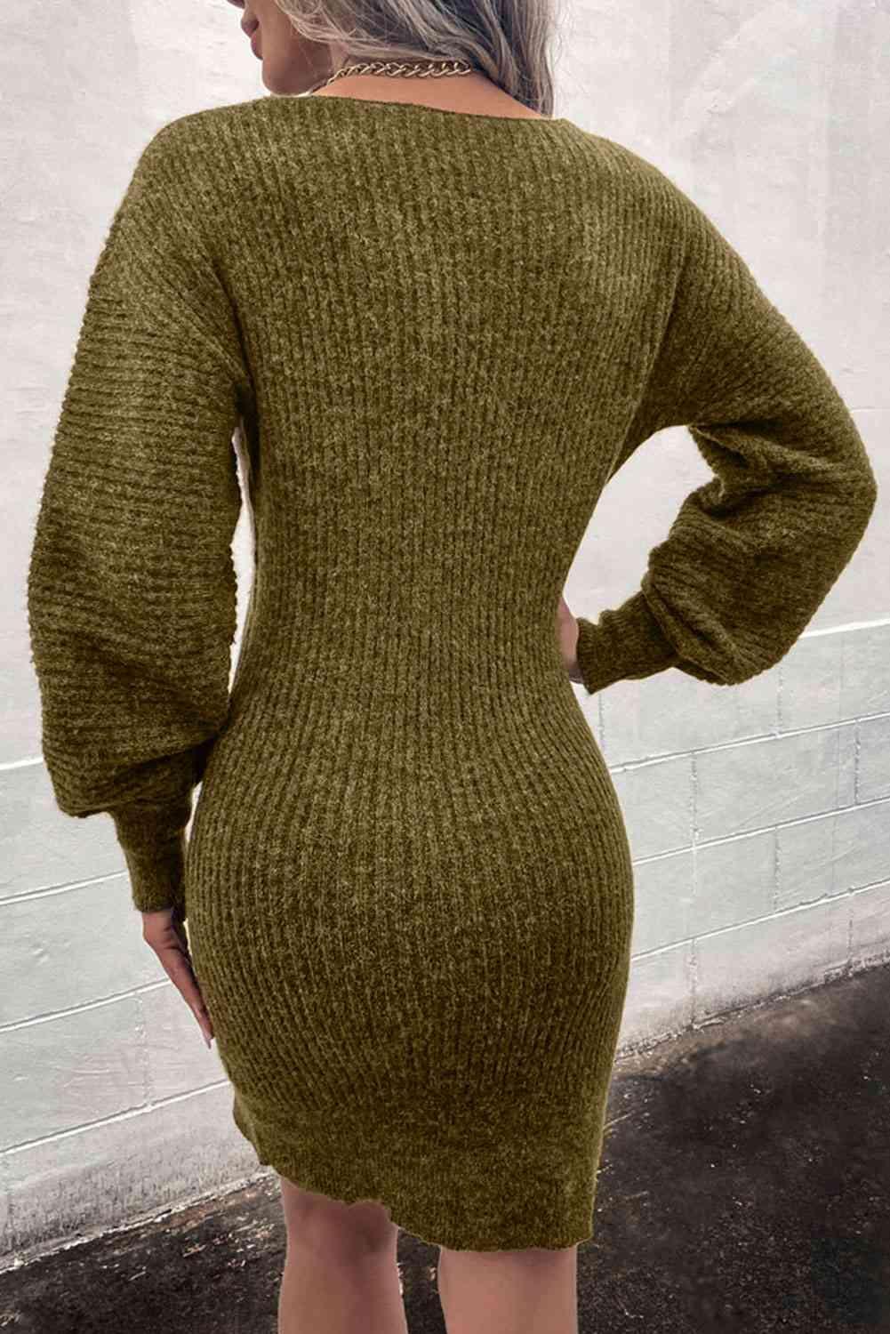 Cozy Appeal Rib Knit Deep V Neck Sweater Dress-MXSTUDIO.COM