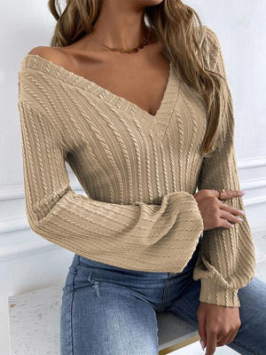 Cozy Appeal V Neck Cable Knit Sweater-MXSTUDIO.COM