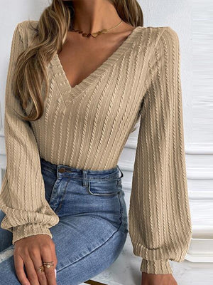 Cozy Appeal V Neck Cable Knit Sweater-MXSTUDIO.COM