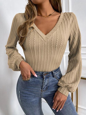 Cozy Appeal V Neck Cable Knit Sweater-MXSTUDIO.COM