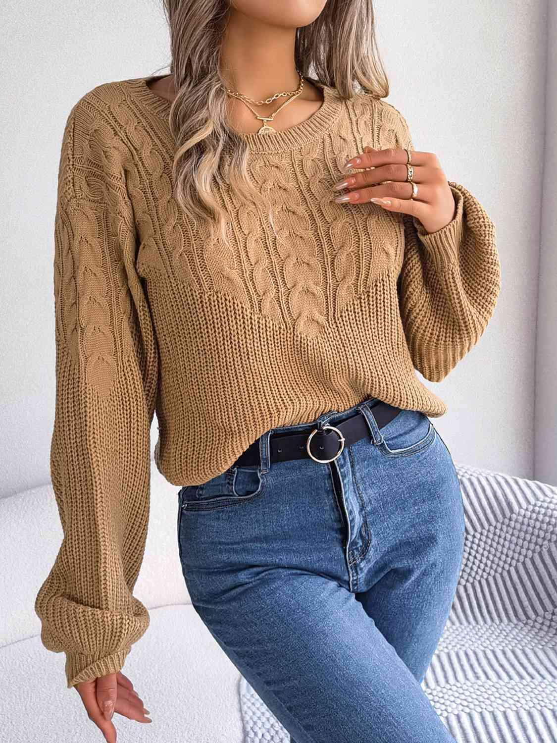 Cozy Choice Cable Knit Crew Neck Sweater-MXSTUDIO.COM